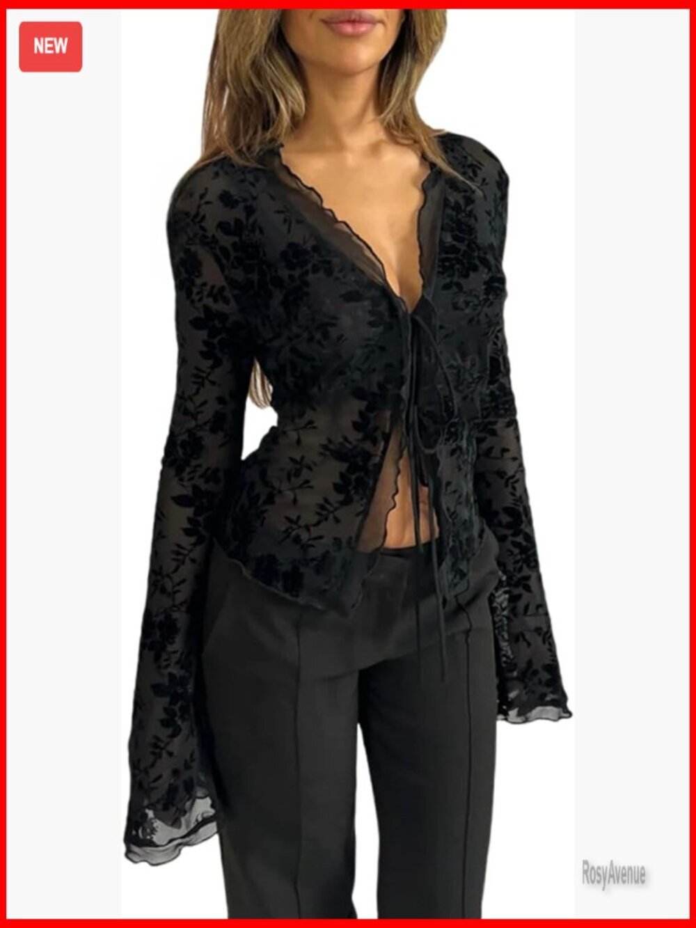 Sheer Mesh Leopard Print Crop Top Deep V Neck Flare Sleeve Blouse